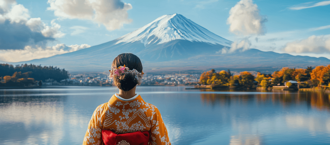 일본 후지산을 바로보는 일본여성